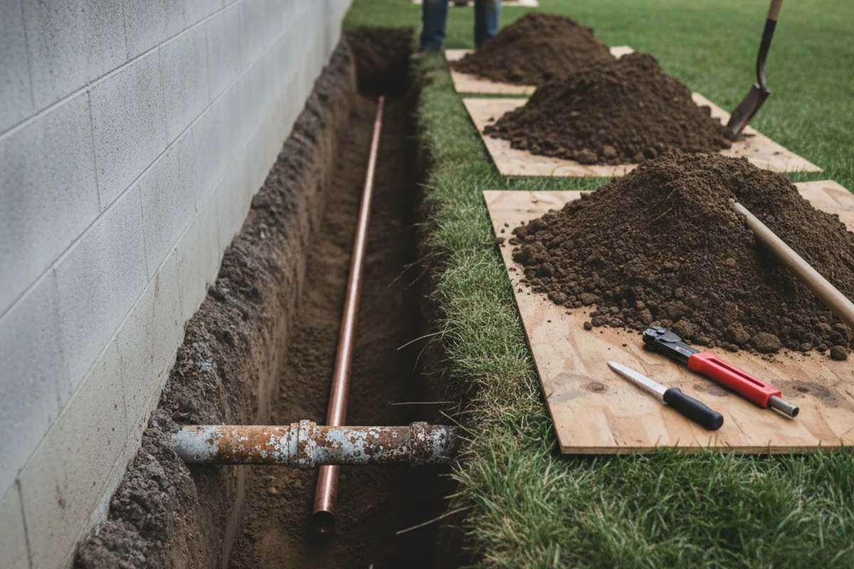 Excavated water line trench during Sewer Line Repair in Dupo